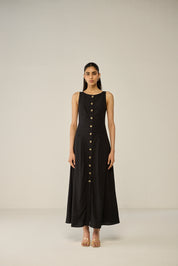 Black sleeveless A-line midi dress
