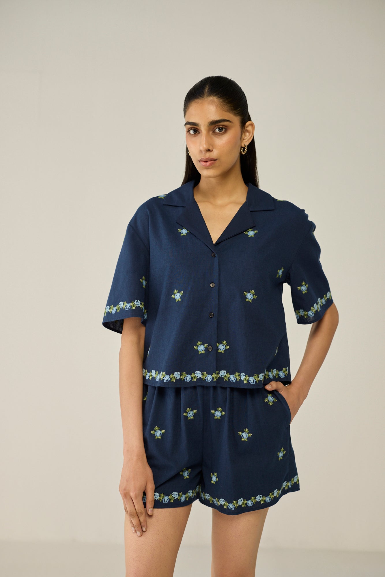 Embroidered Crop Shirt and Shorts Co-ord