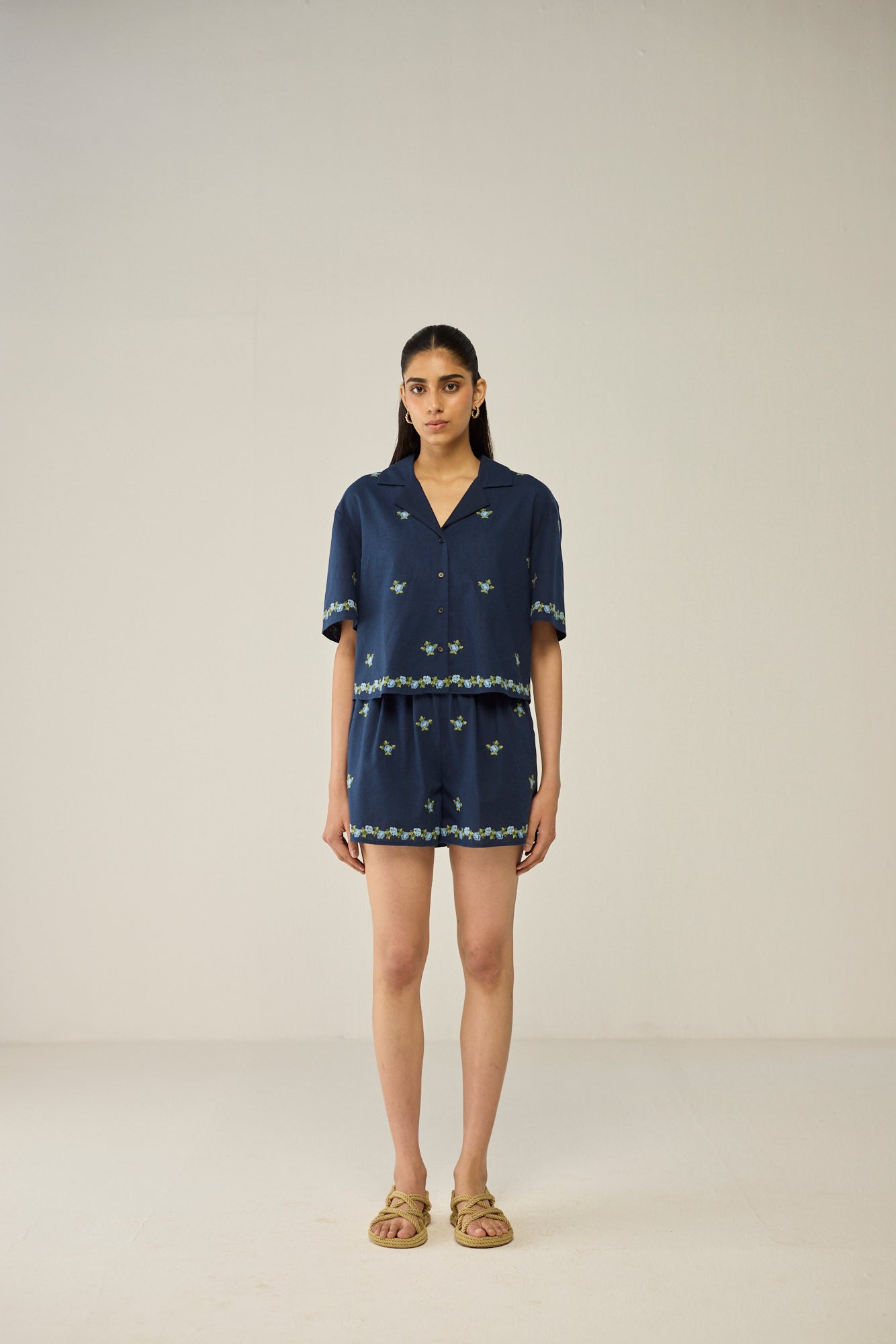 Embroidered Crop Shirt and Shorts Co-ord
