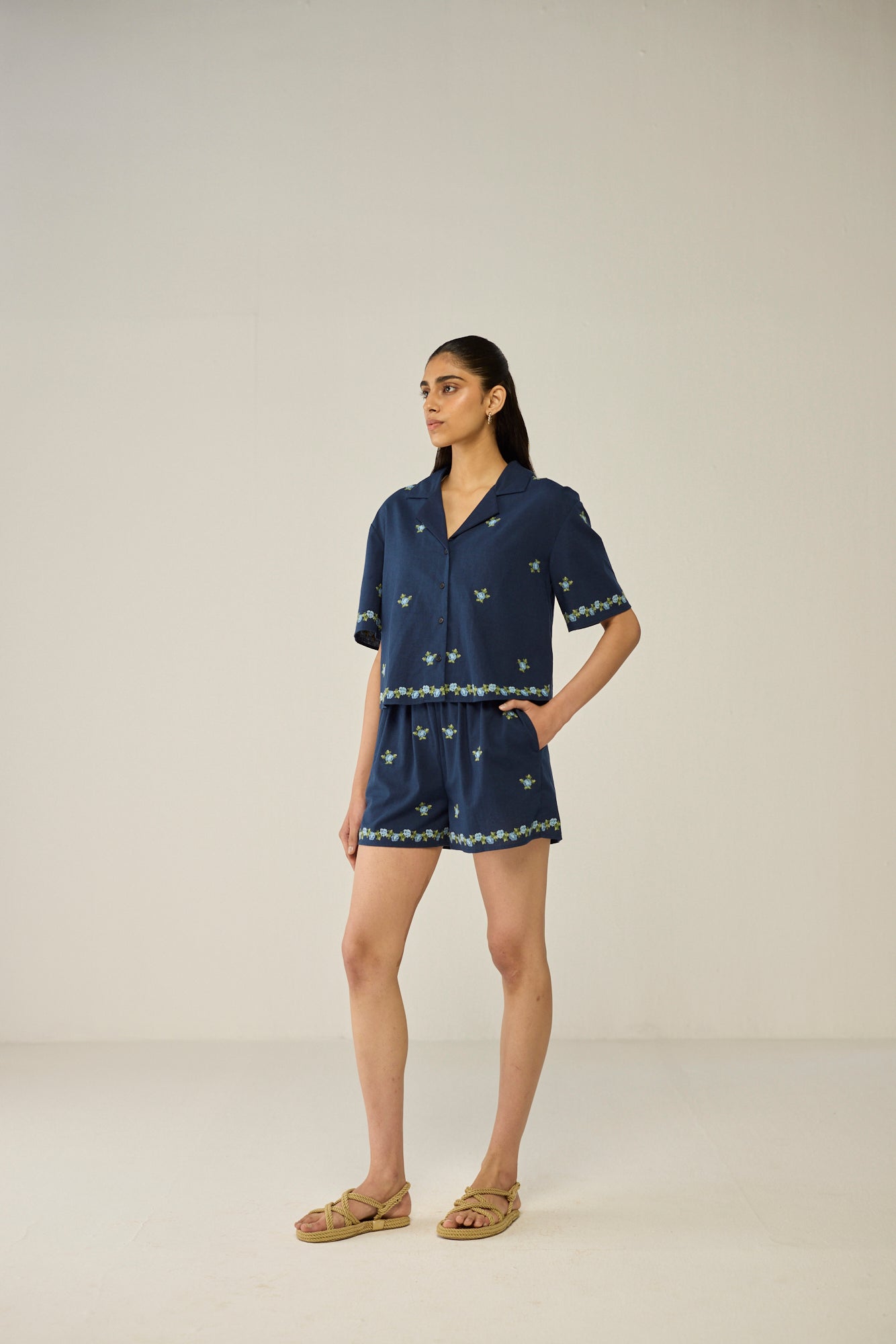 Embroidered Crop Shirt and Shorts Co-ord