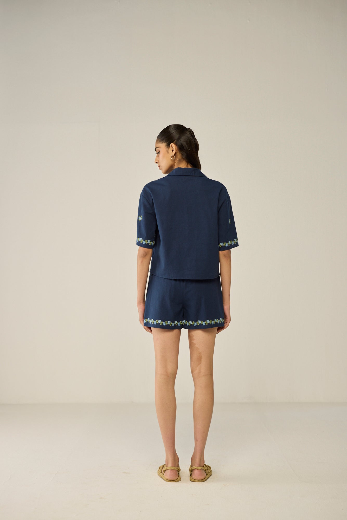 Embroidered Crop Shirt and Shorts Co-ord