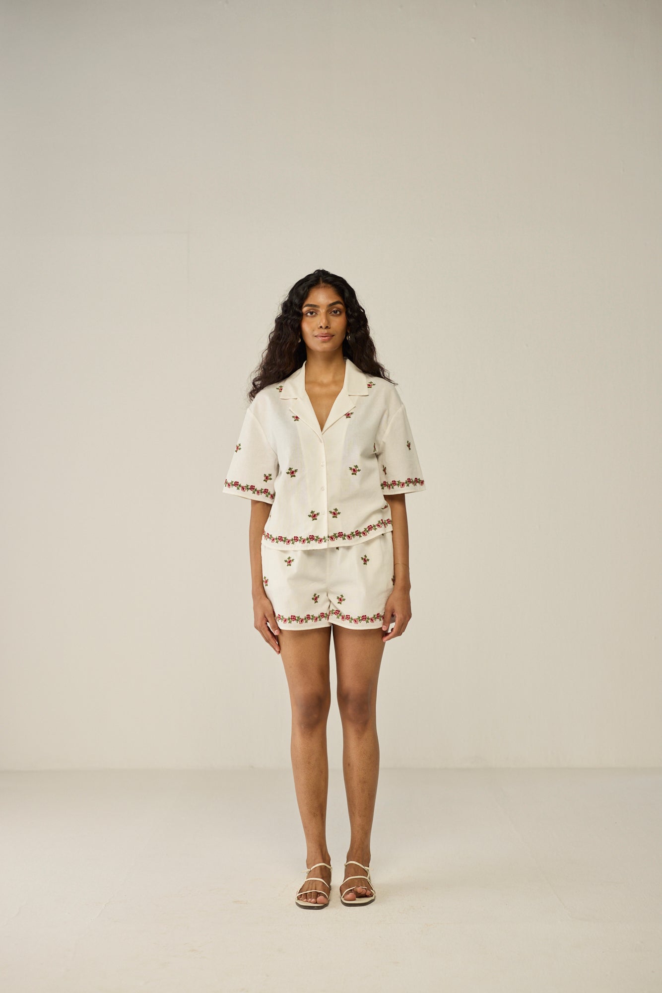 Embroidered Crop Shirt and Shorts Co-ord