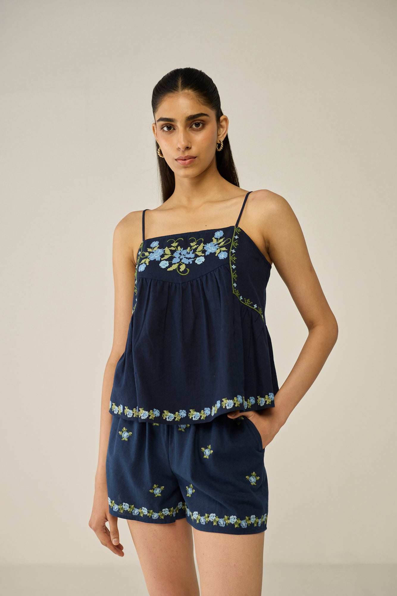 Navy Embroidered Blouse & Shorts Co-ord Set