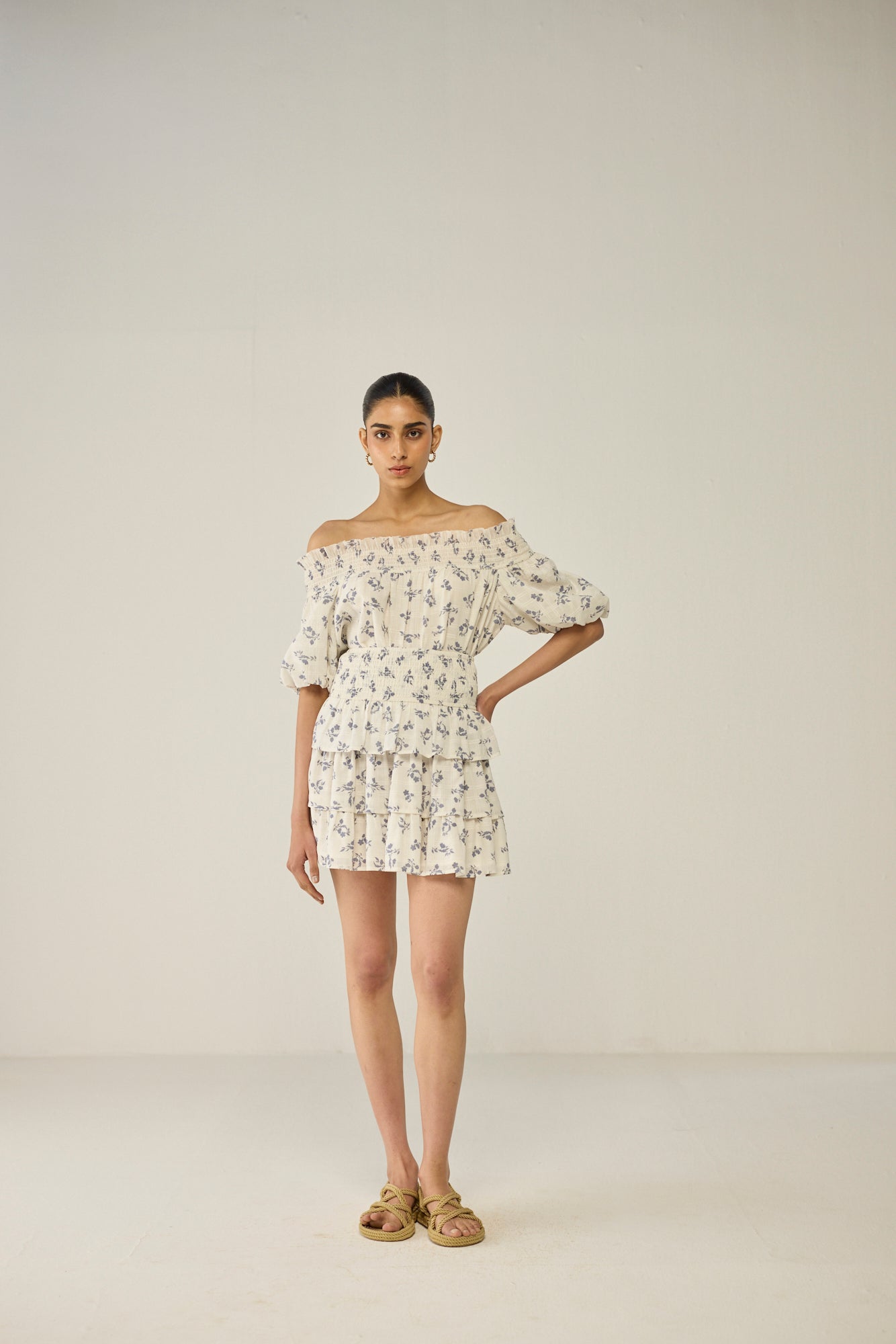 Blue Floral Dobby Skirt and Blouse Co-ord Set