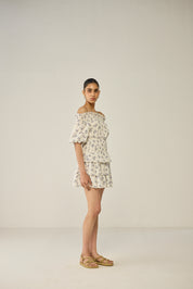 Blue Floral Dobby Skirt and Blouse Co-ord Set