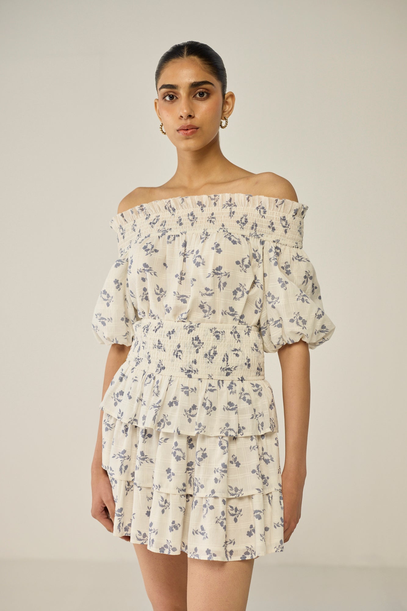 Blue Floral Dobby Skirt and Blouse Co-ord Set