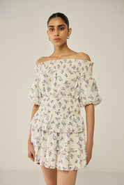 Blue Floral Dobby Skirt and Blouse Co-ord Set