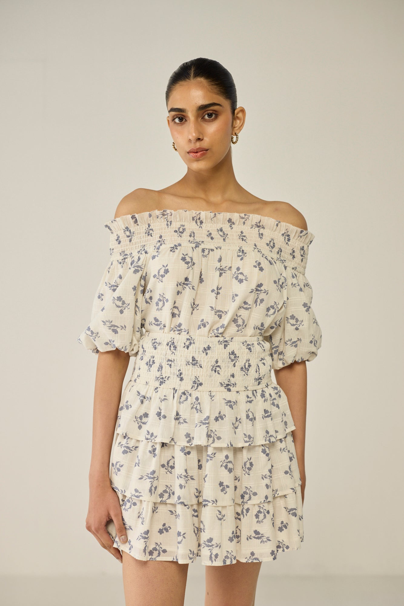 Blue Floral Dobby Skirt and Blouse Co-ord Set