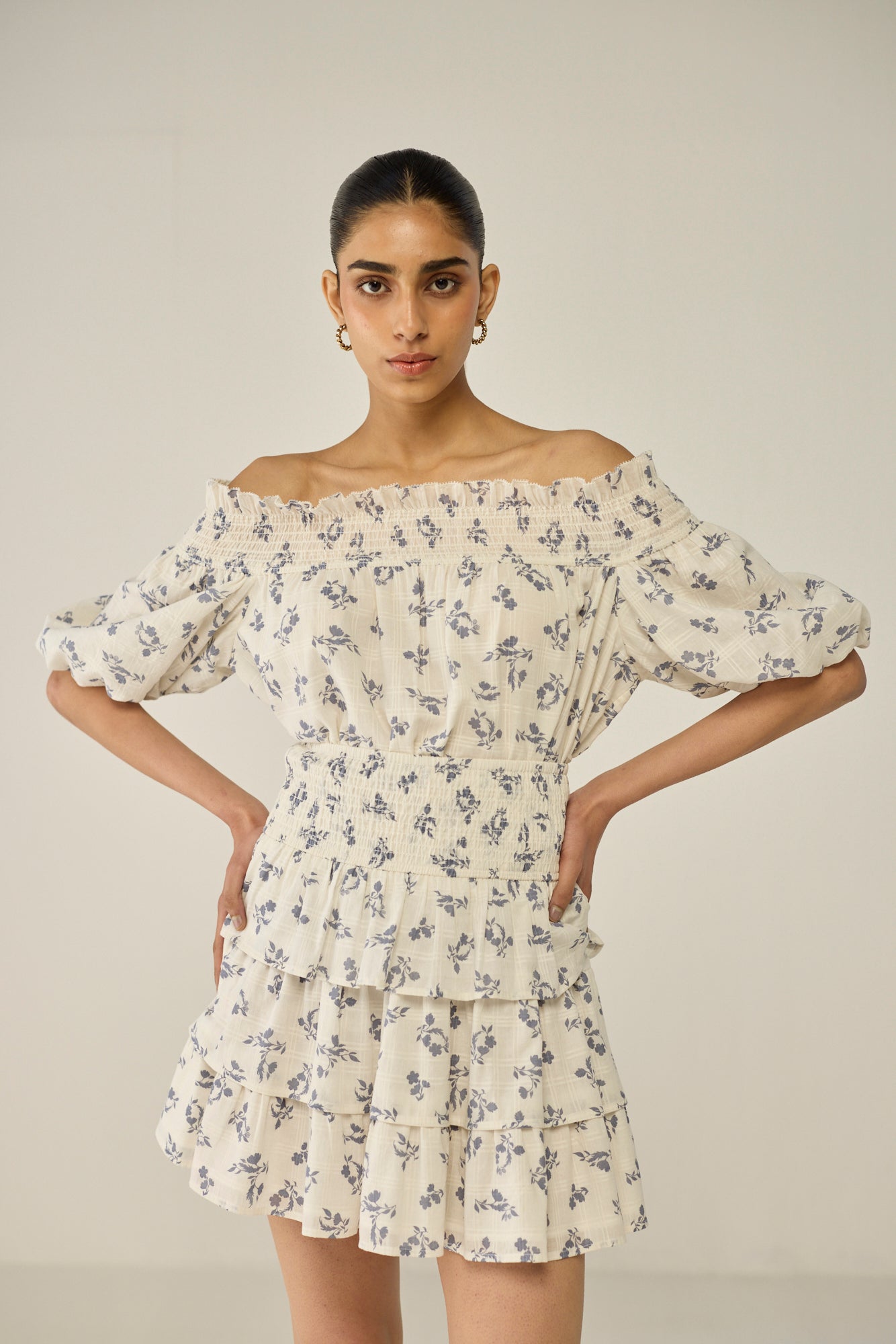 Blue Floral Dobby Skirt and Blouse Co-ord Set