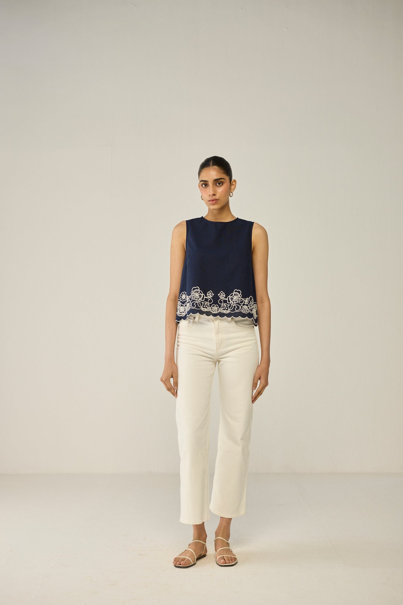 Blue Embroidered Sleeveless Top