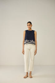Blue Embroidered Sleeveless Top