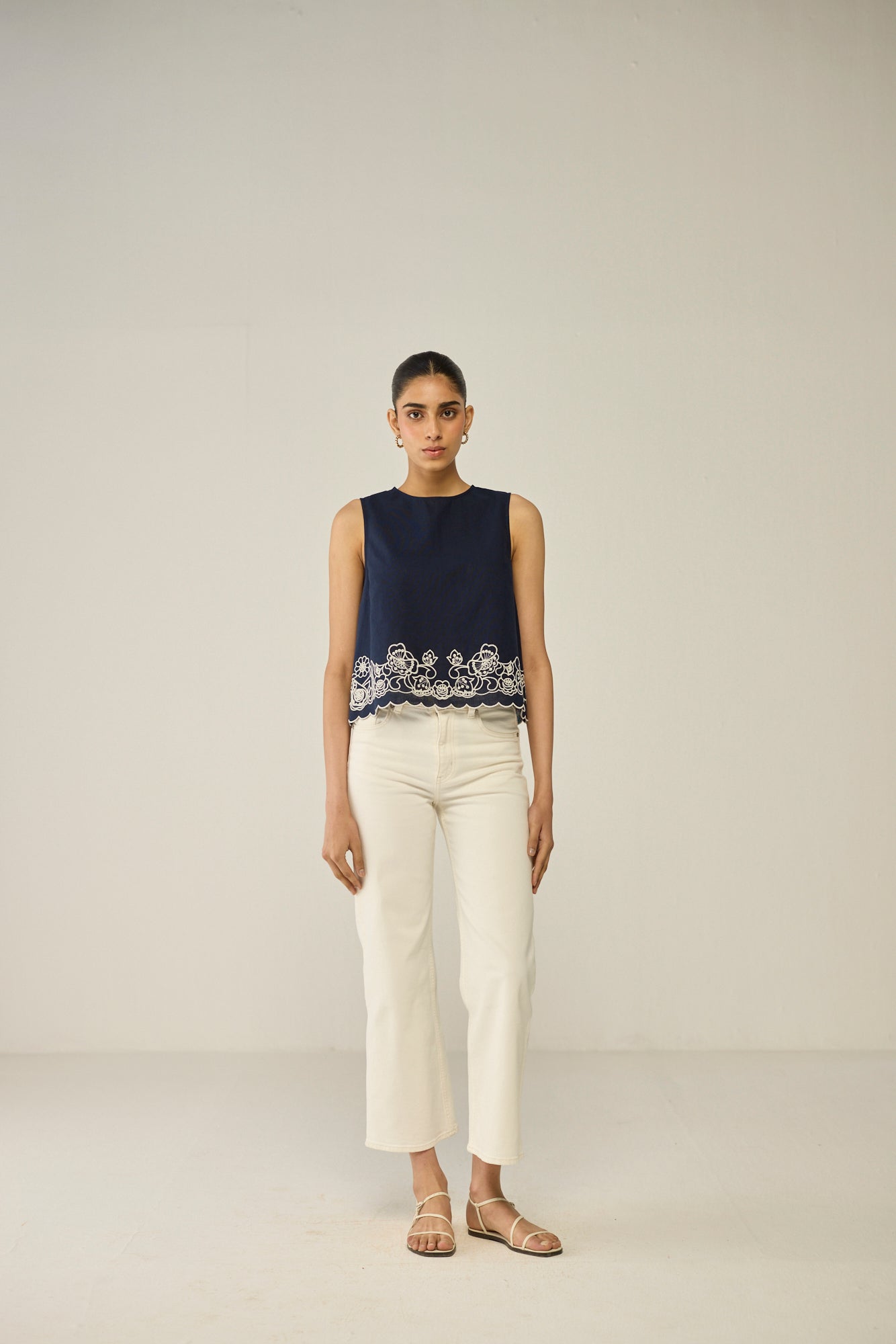 Blue Embroidered Sleeveless Top