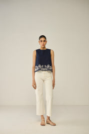 Blue Embroidered Sleeveless Top