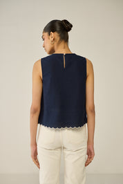 Blue Embroidered Sleeveless Top