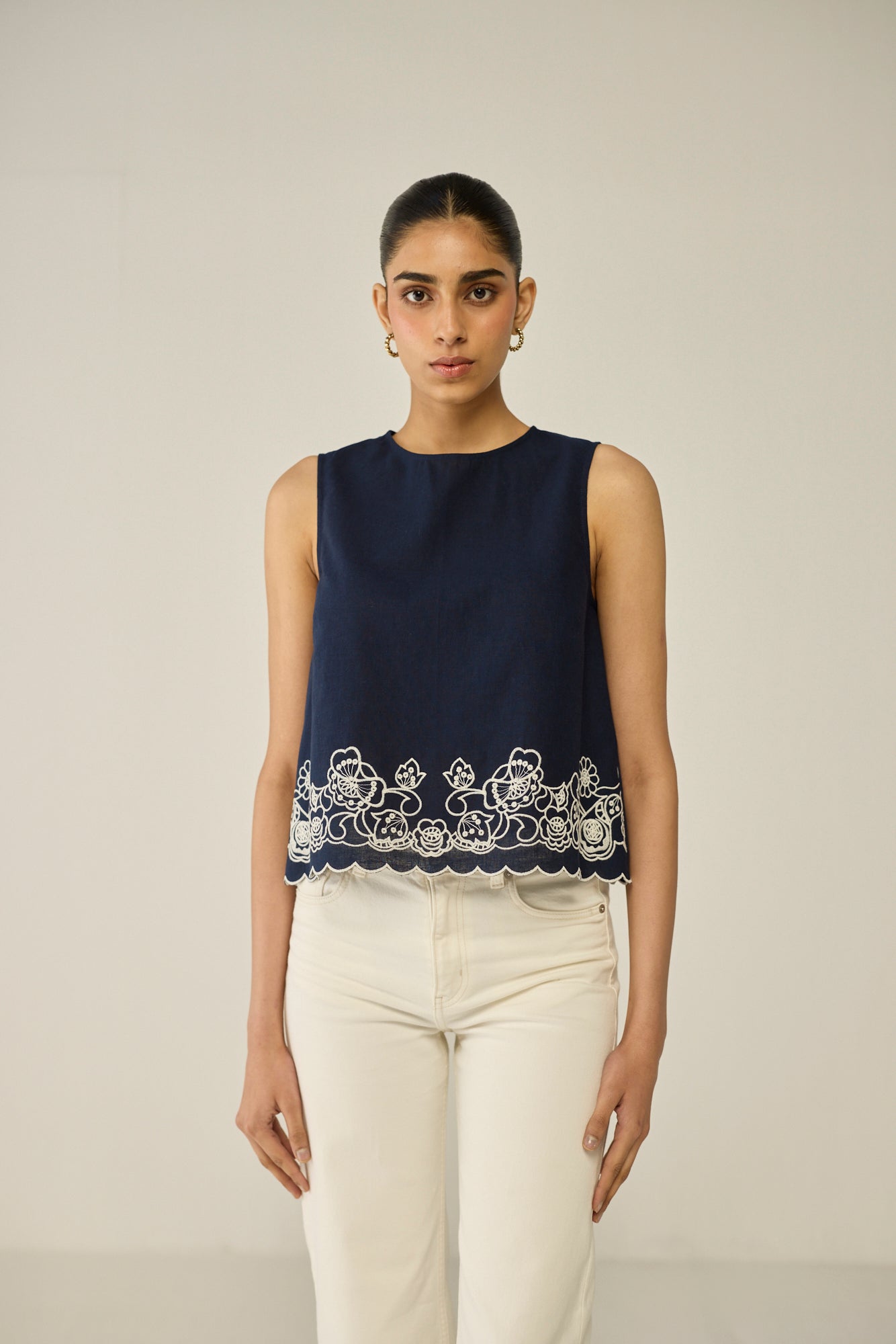 Blue Embroidered Sleeveless Top