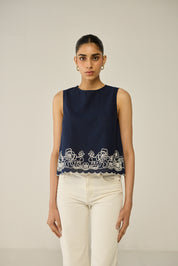 Blue Embroidered Sleeveless Top
