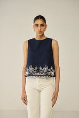 Blue Embroidered Sleeveless Top