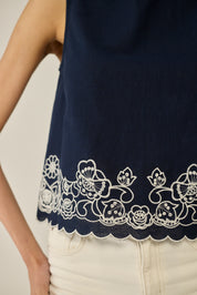 Blue Embroidered Sleeveless Top