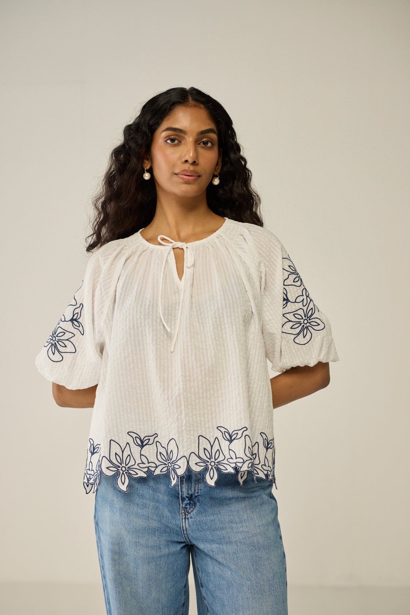 White Top with Contrast Embroidery