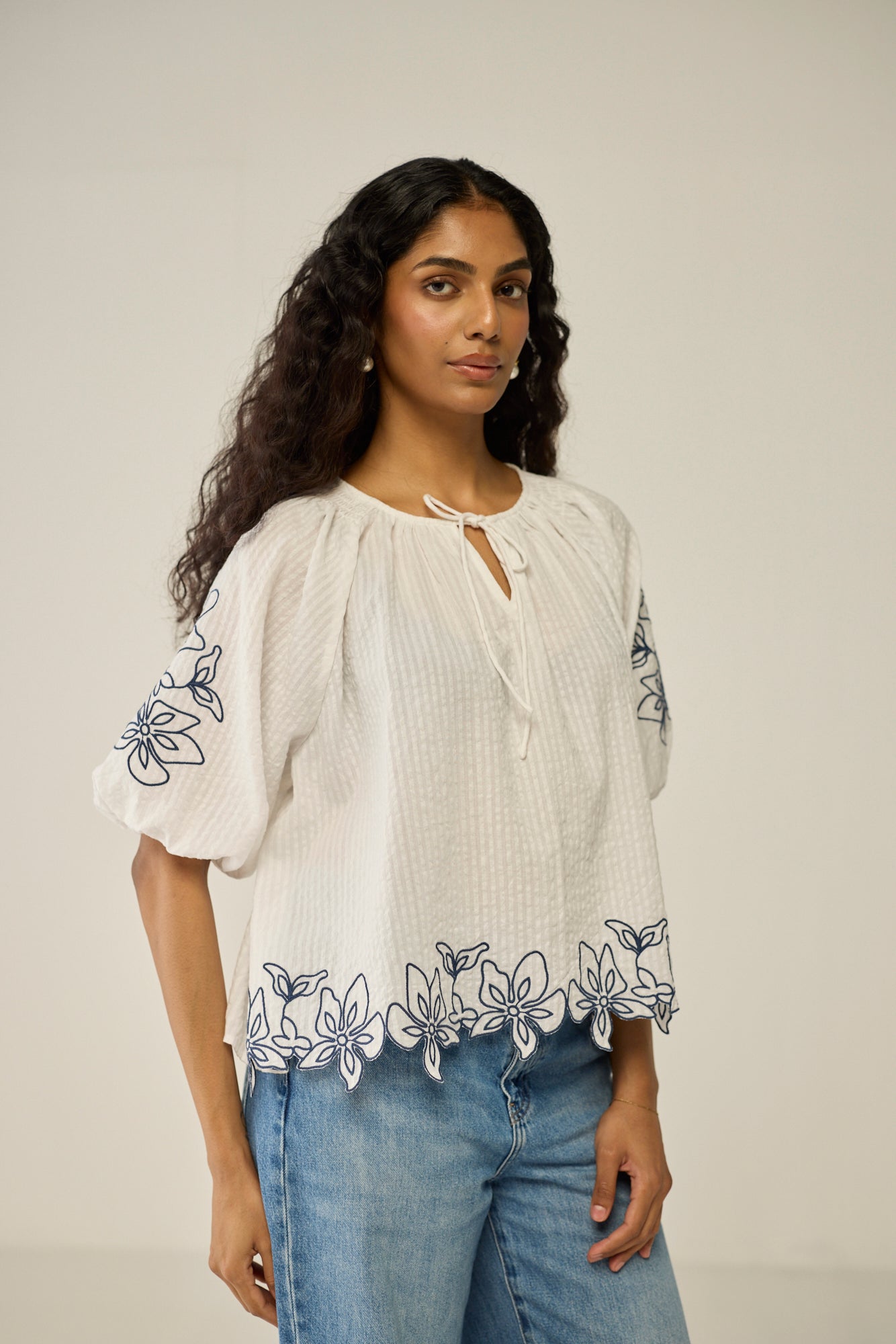 White Top with Contrast Embroidery
