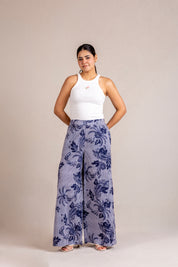 Blue floral striped wide-leg pants
