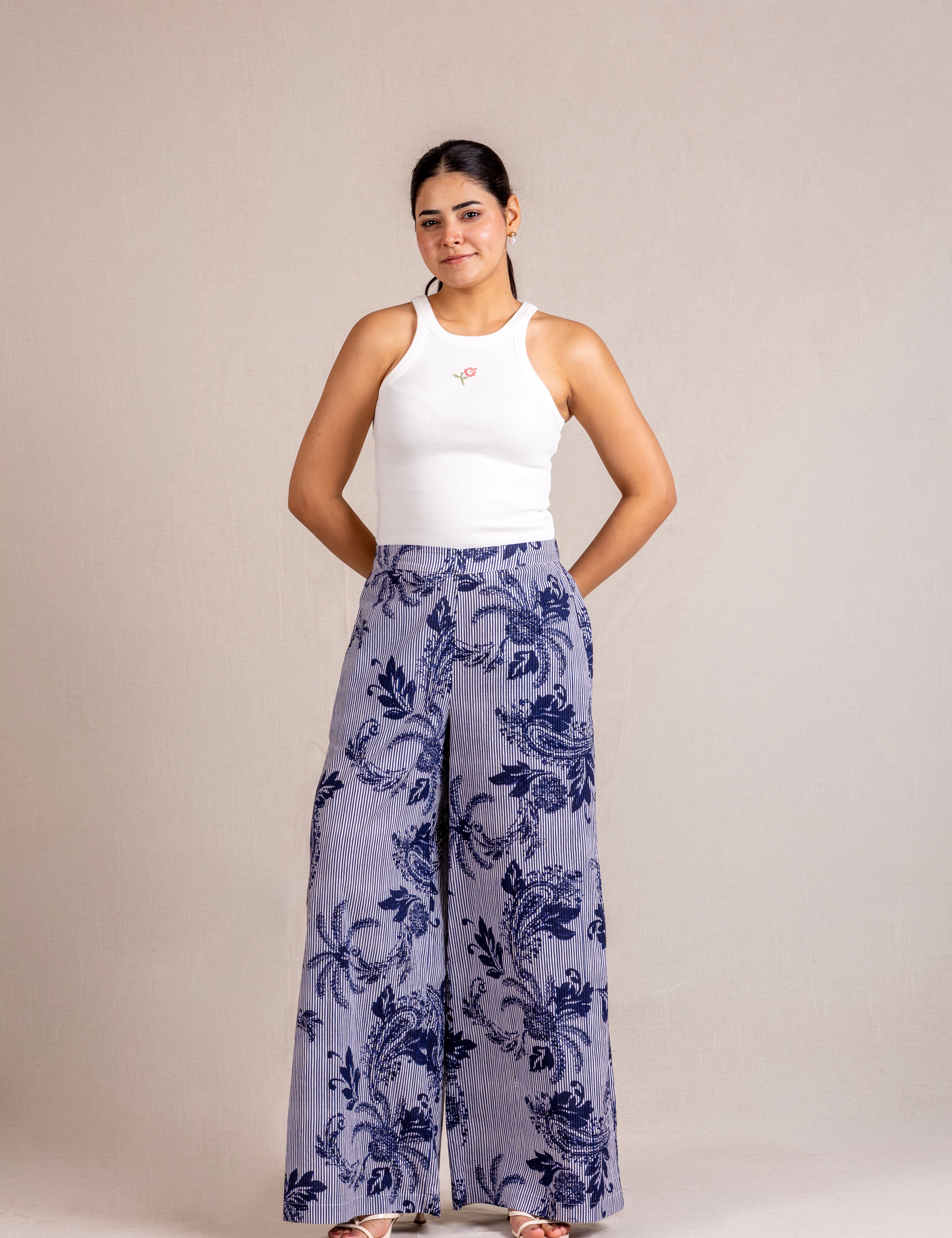 Blue floral striped wide-leg pants
