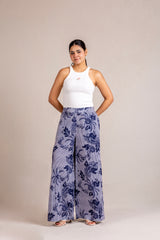 Blue floral striped wide-leg pants