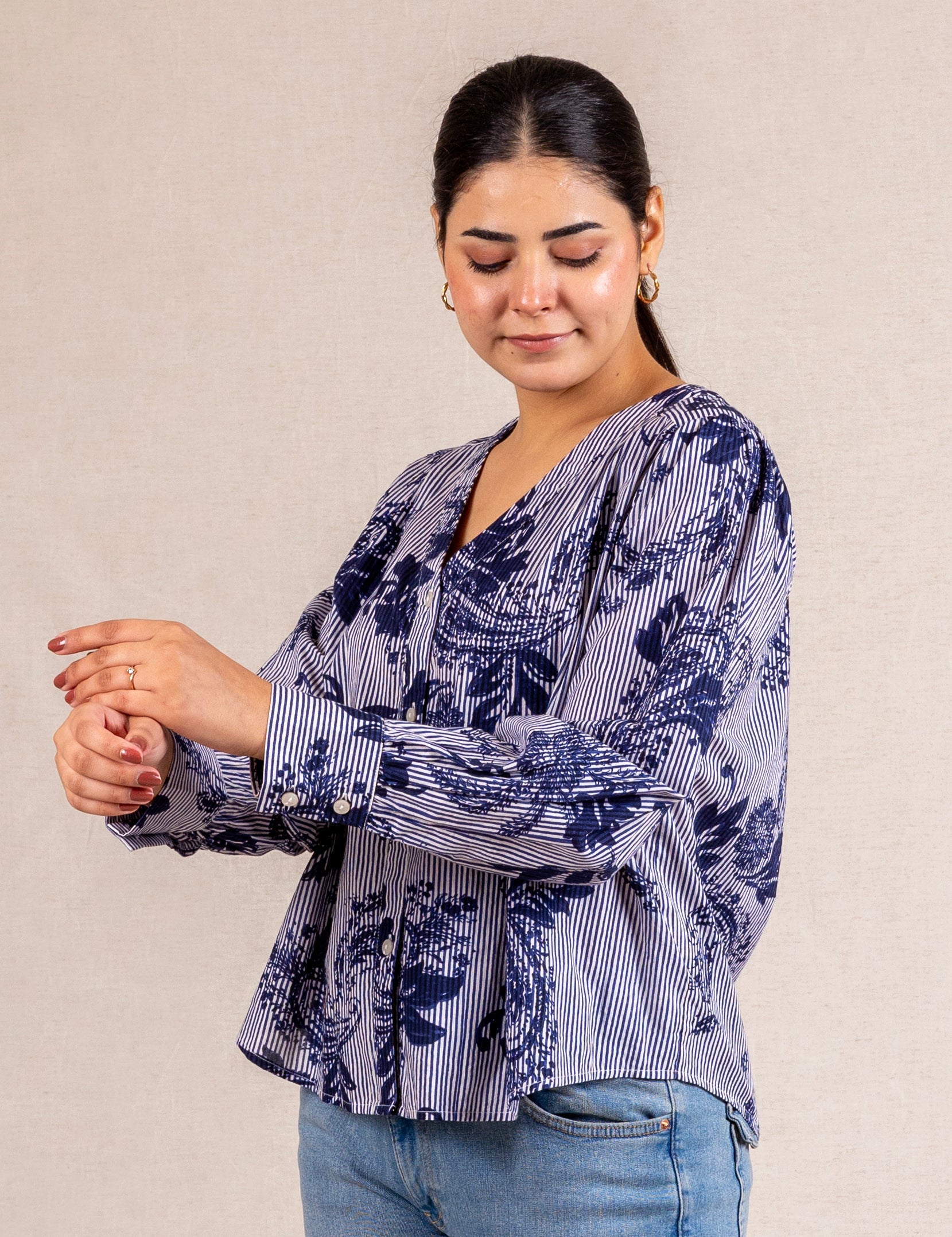 Blue & white striped floral print blouse