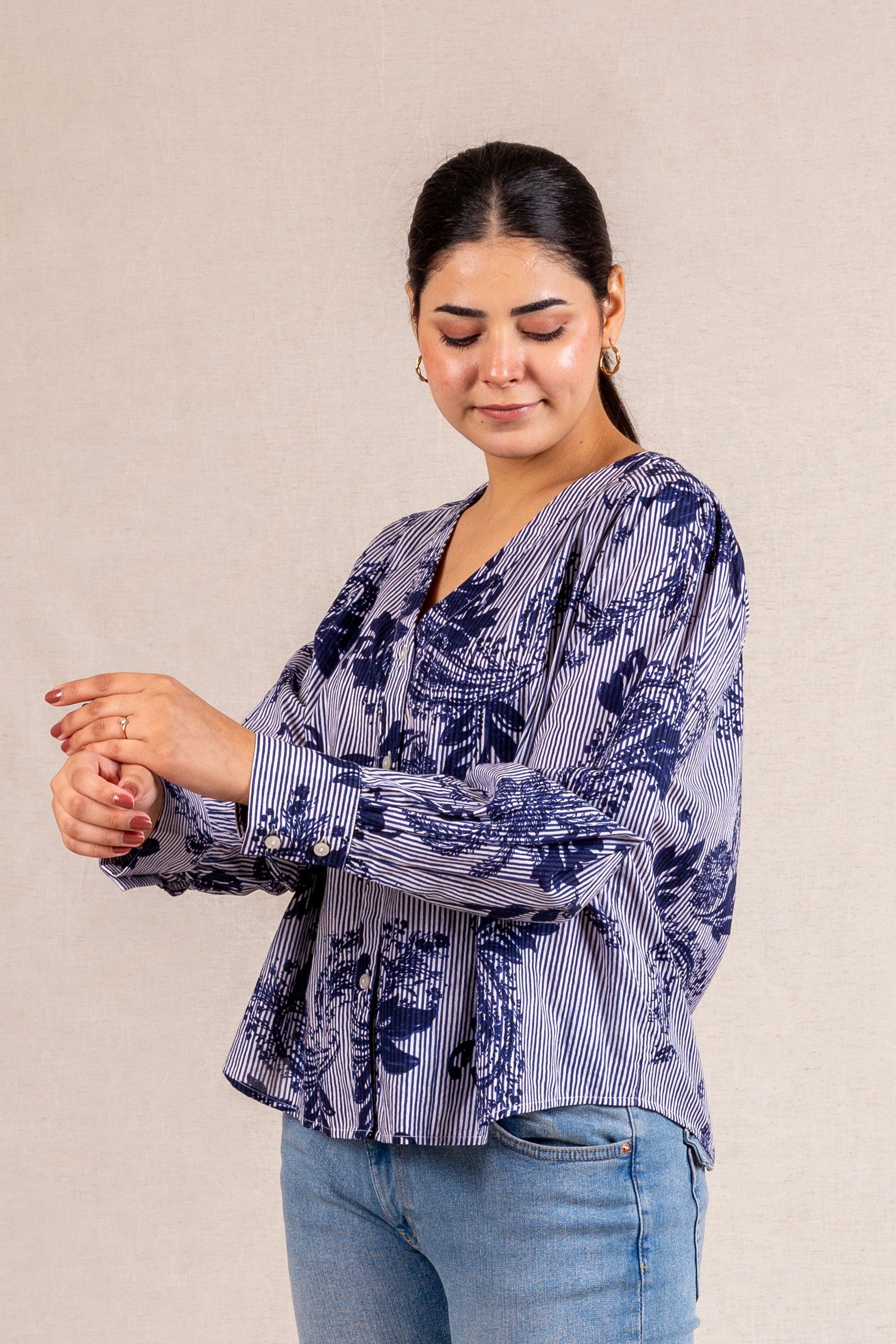 Blue & white striped floral print blouse
