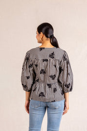 Gingham floral peplum blouse with ties