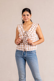 Beige gingham tie-front ruffle collar blouse