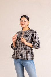 Gingham floral peplum blouse with ties