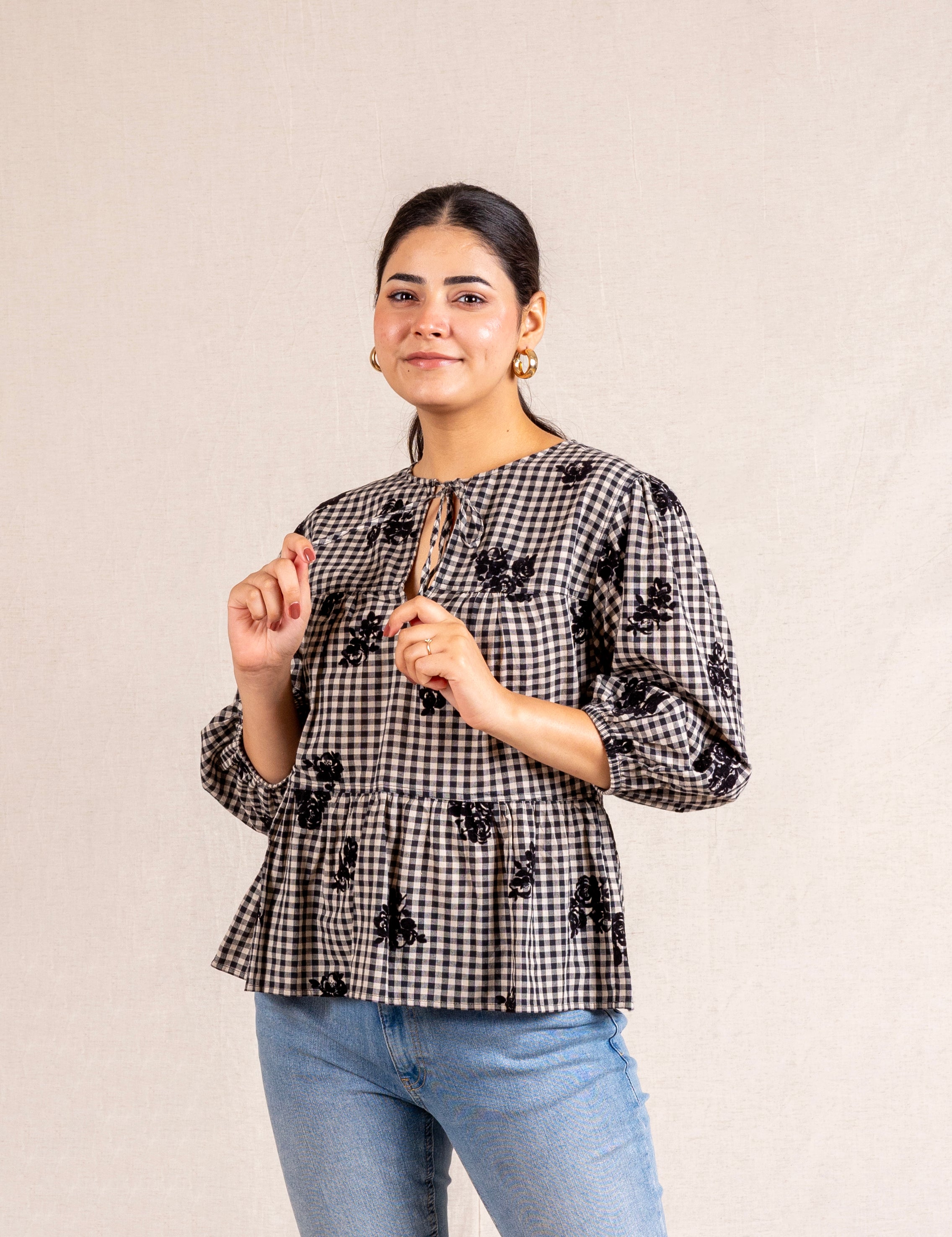 Gingham floral peplum blouse with ties