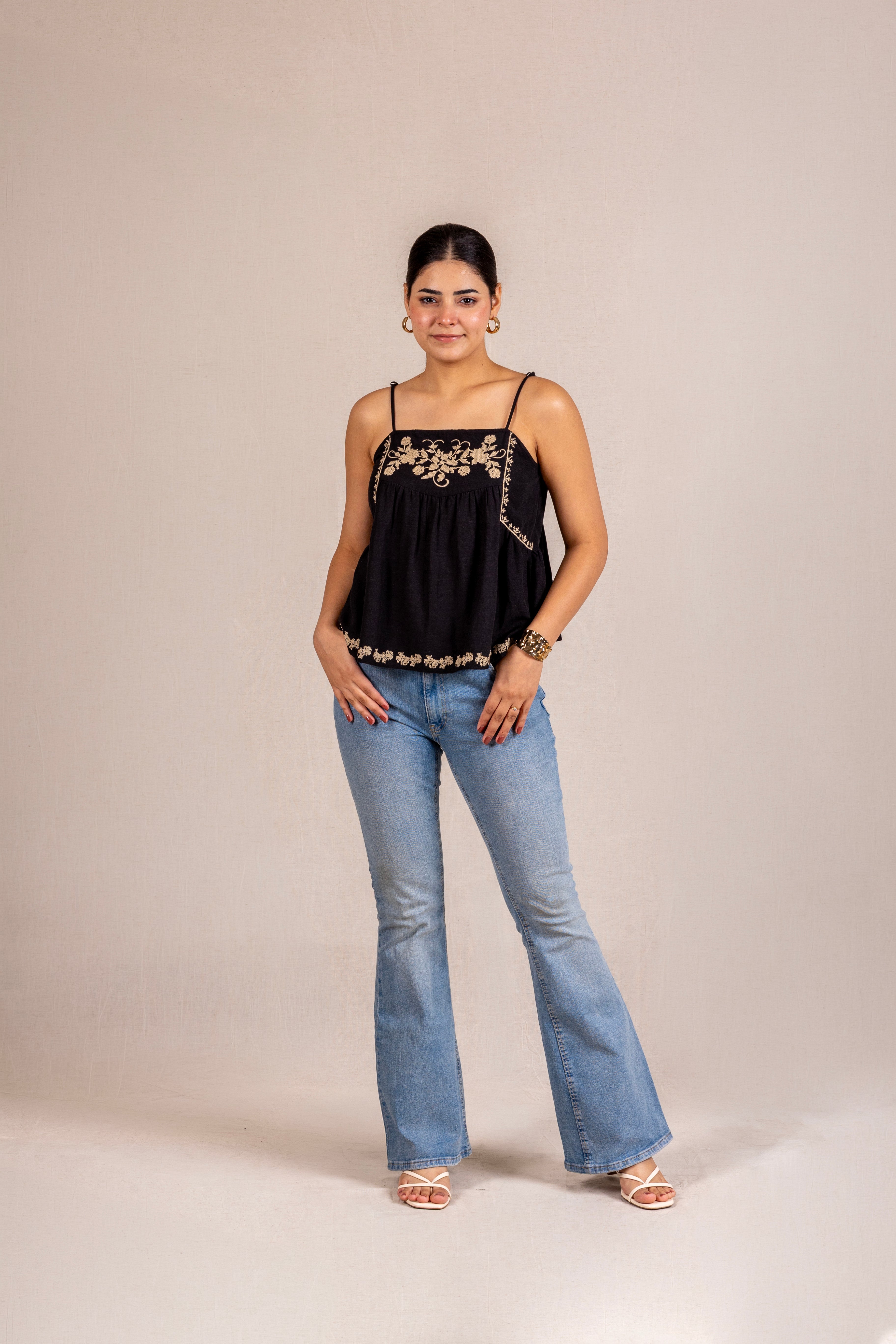 Black floral embroidered cami