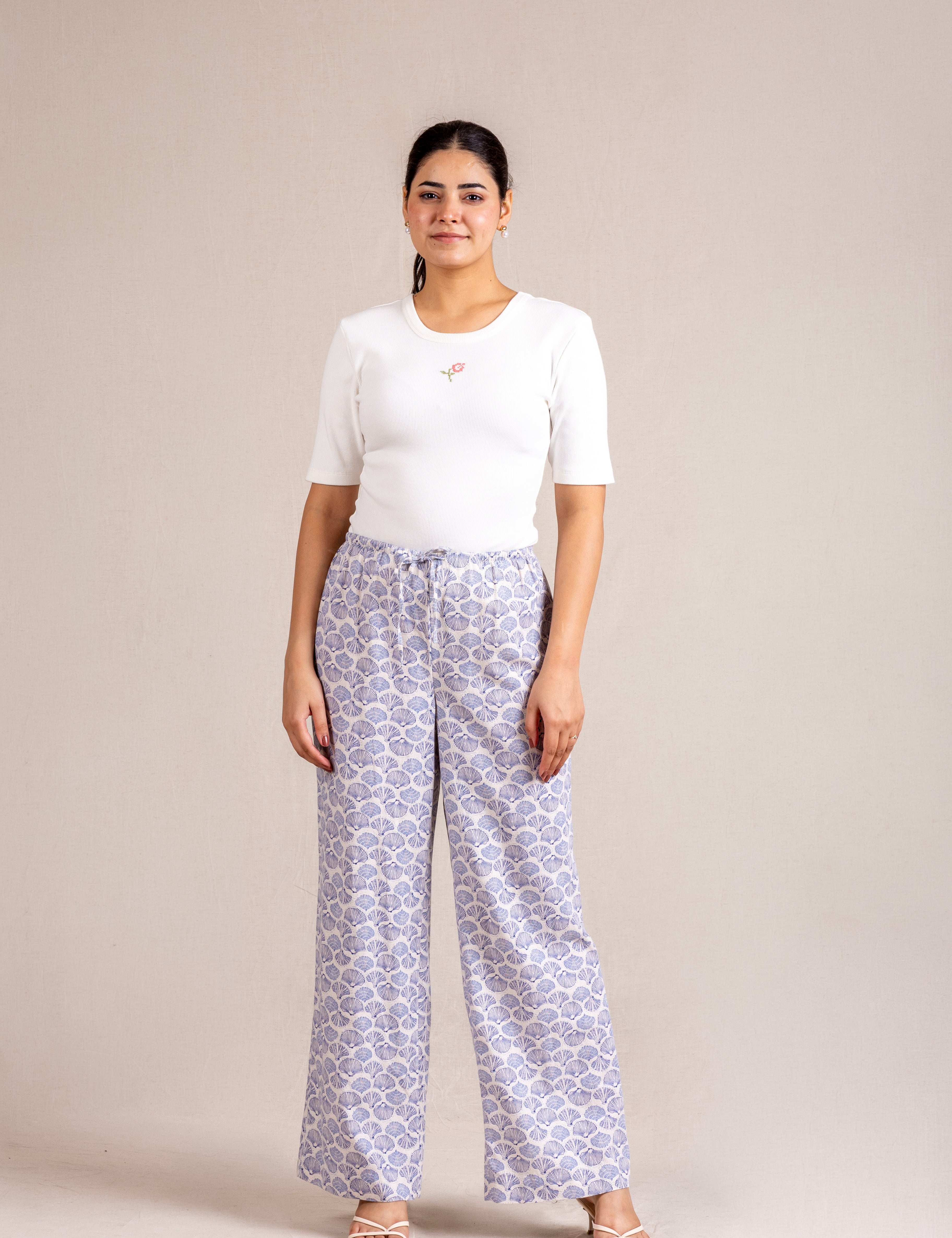 Blue shell-print wide-leg trousers