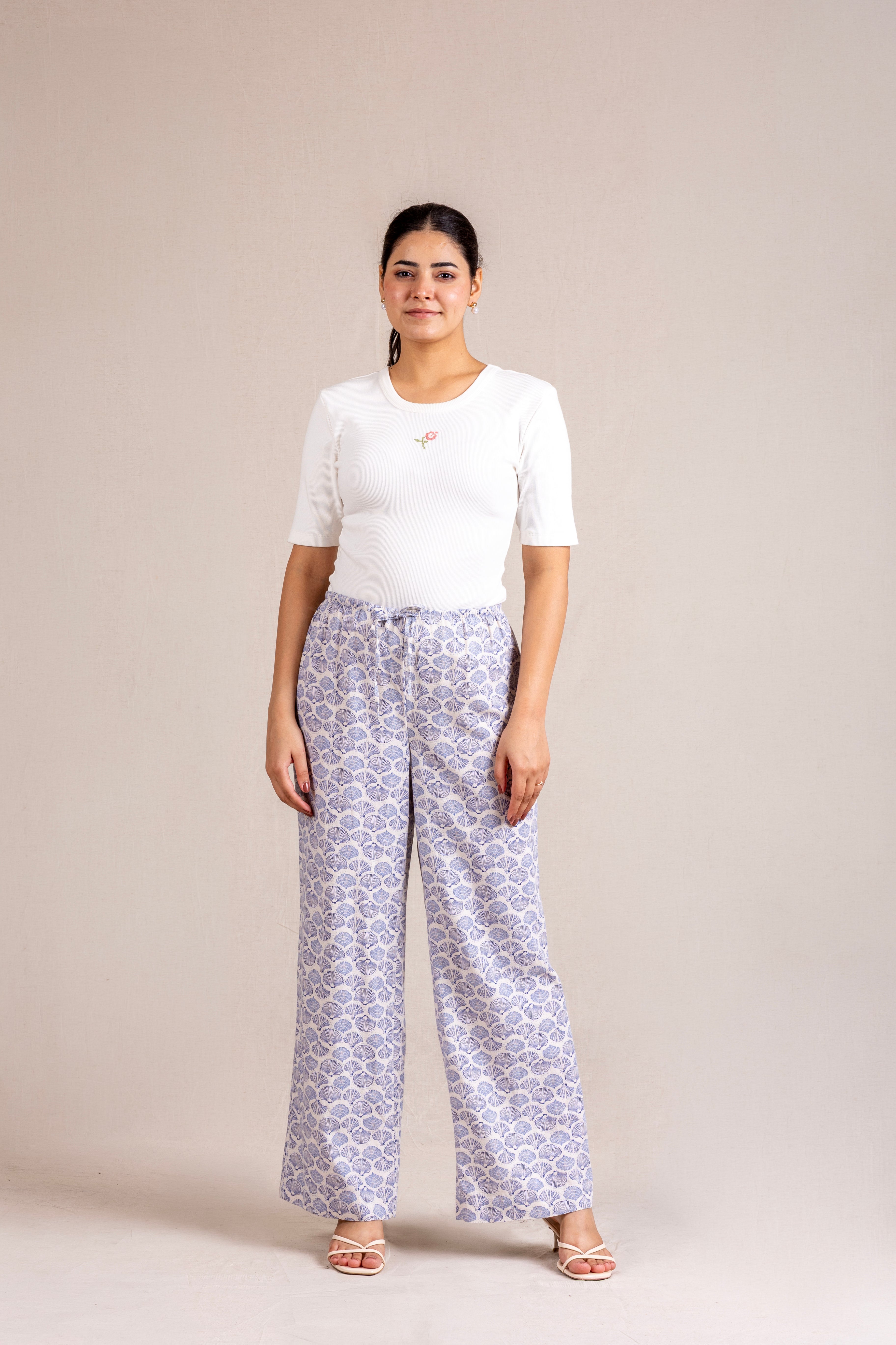 Blue shell-print wide-leg trousers