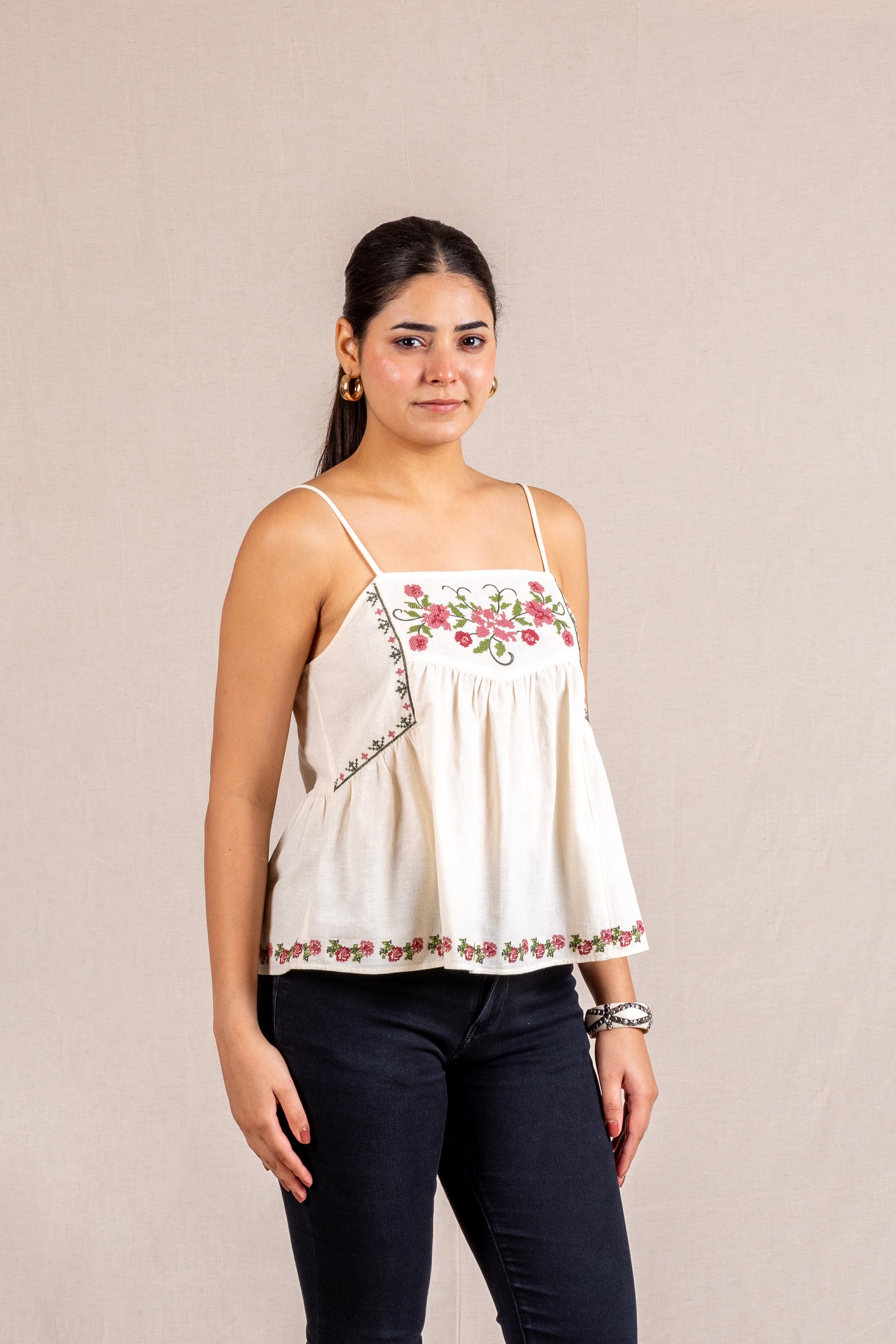 Cream floral embroidered cami
