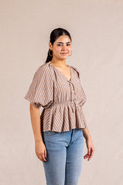 Beige striped peplum blouse with ties