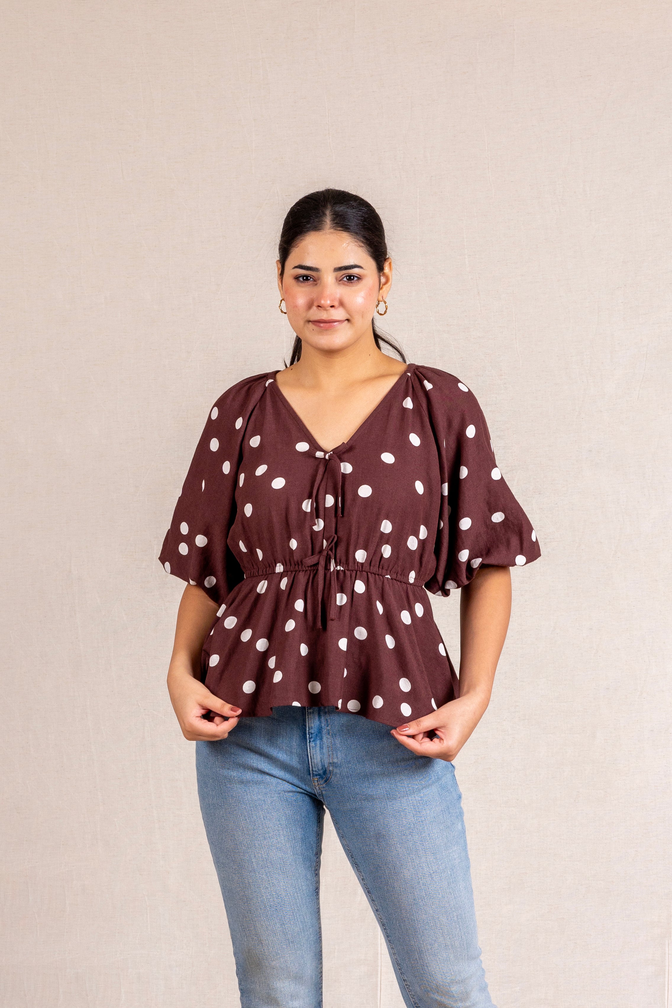 Polka Dot peplum blouse with ties