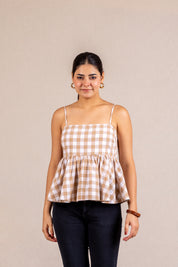 Beige gingham peplum cami top