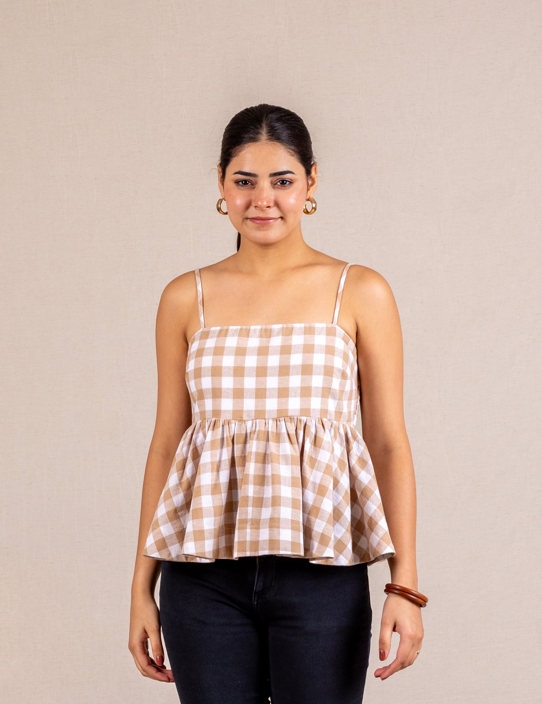 Beige gingham peplum cami top