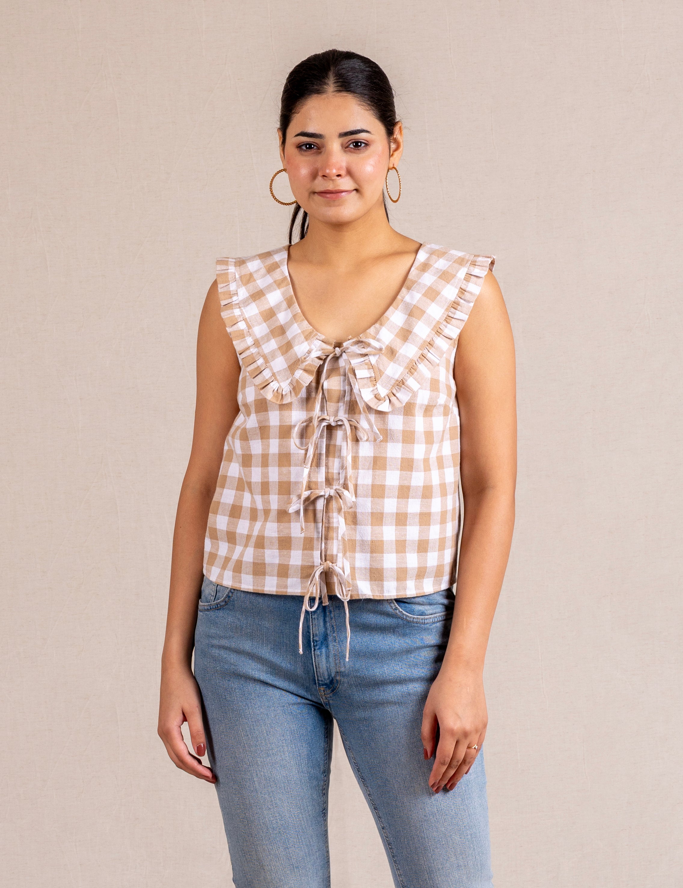 Beige gingham tie-front ruffle collar blouse