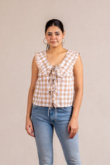 Beige gingham tie-front ruffle collar blouse