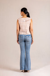 Beige gingham tie-front ruffle collar blouse
