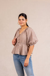 Beige striped peplum blouse with ties