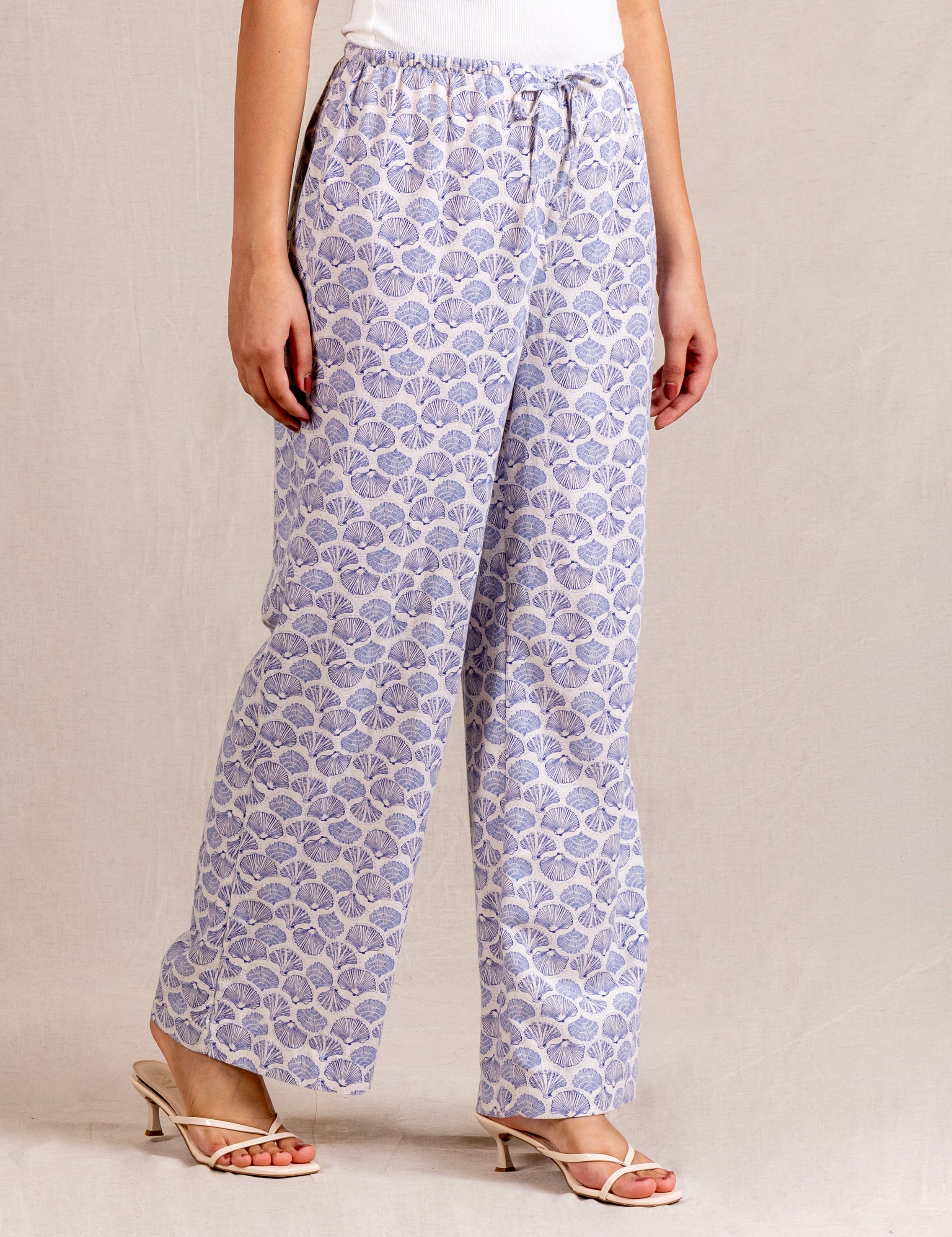 Blue shell-print wide-leg trousers