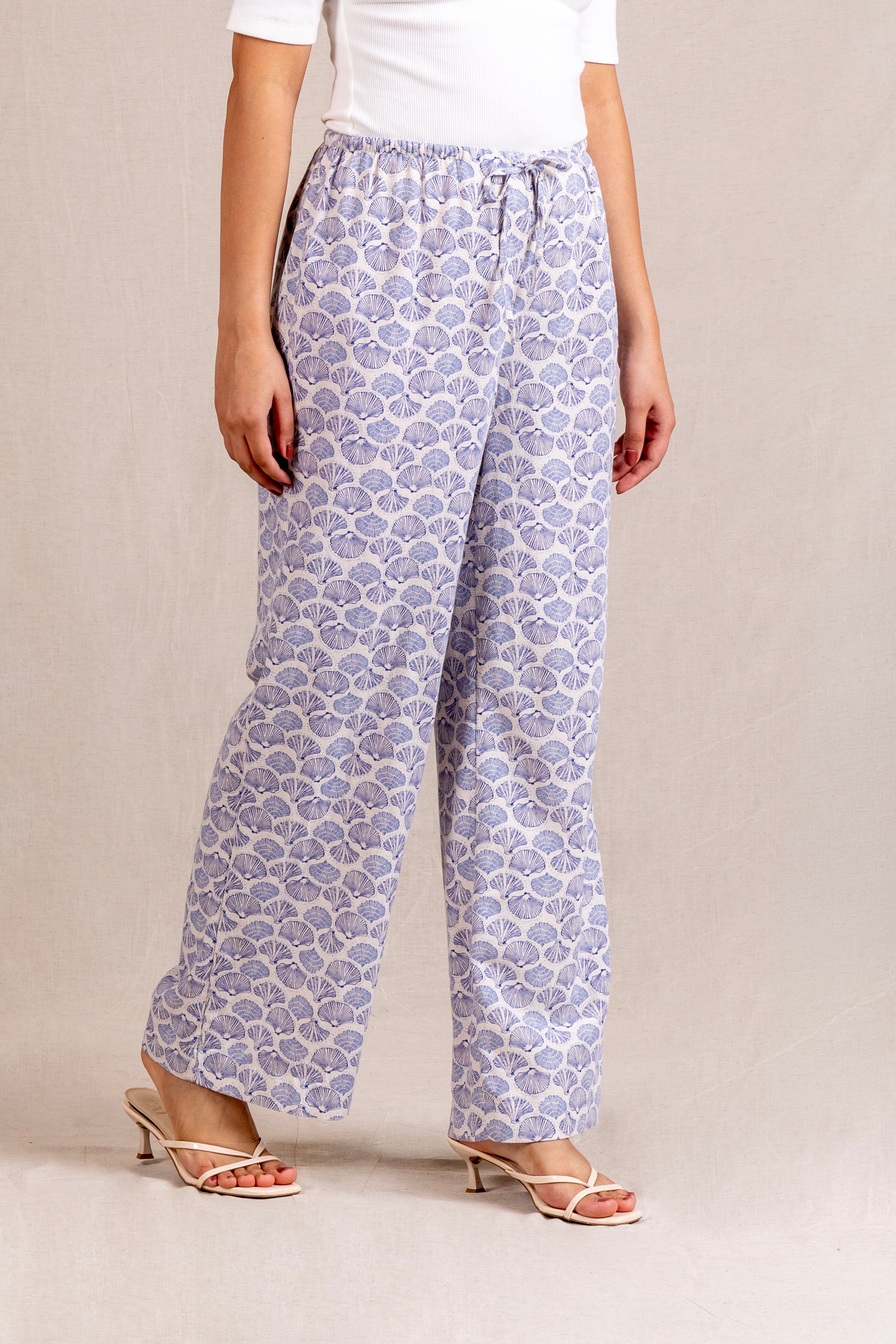 Blue shell-print wide-leg trousers