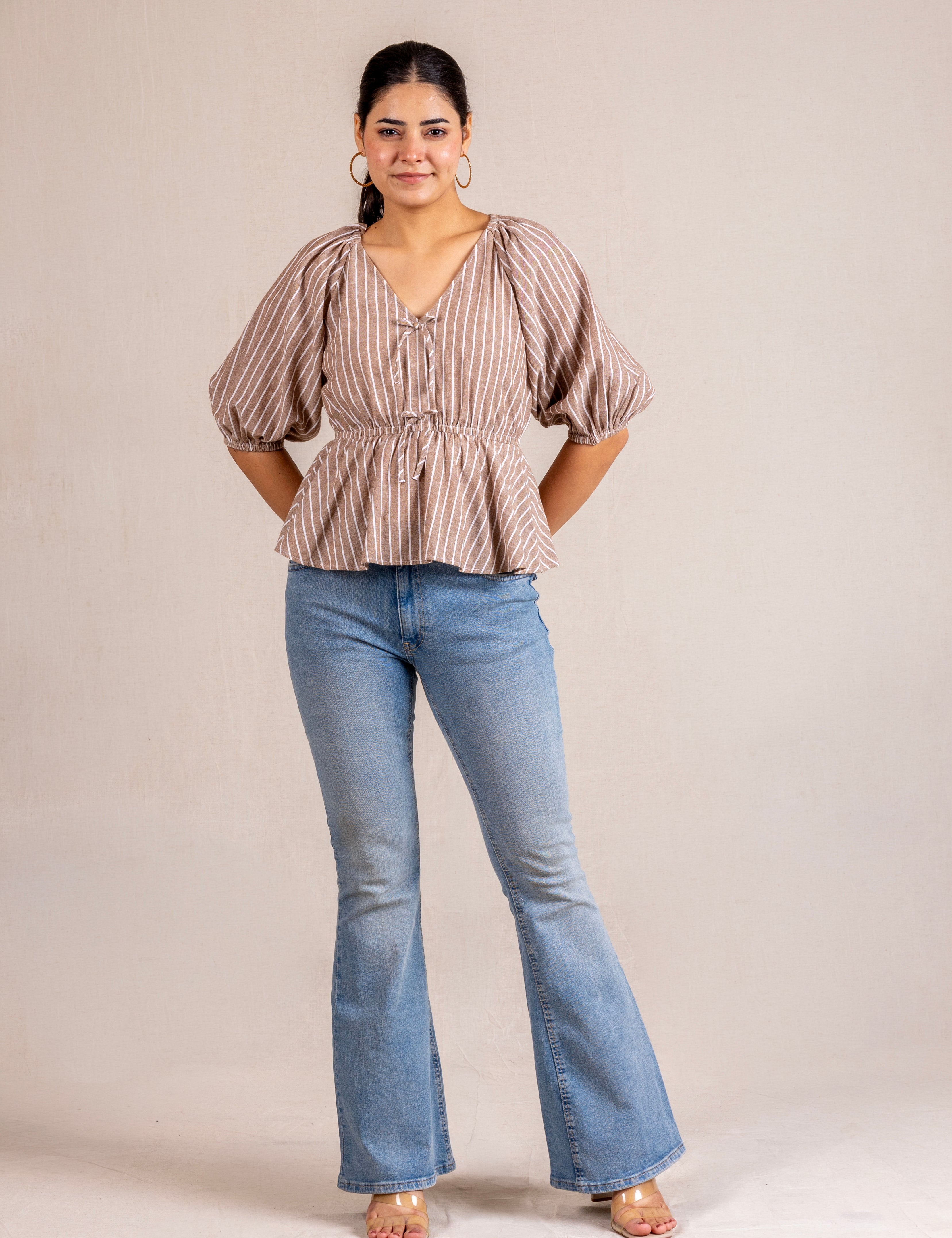 Beige striped peplum blouse with ties