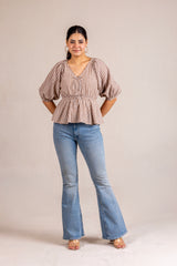 Beige striped peplum blouse with ties