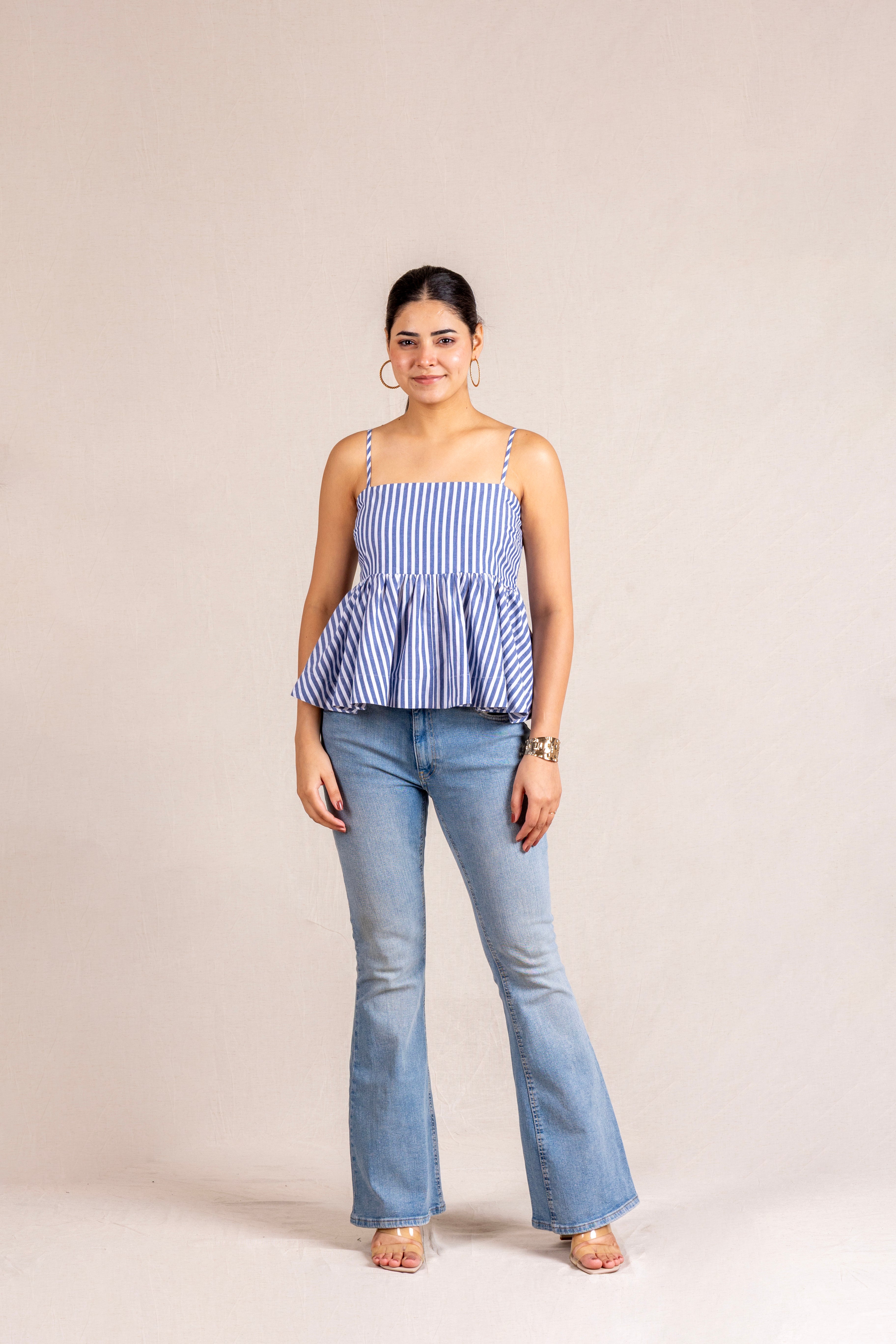 Blue stripe peplum cami top